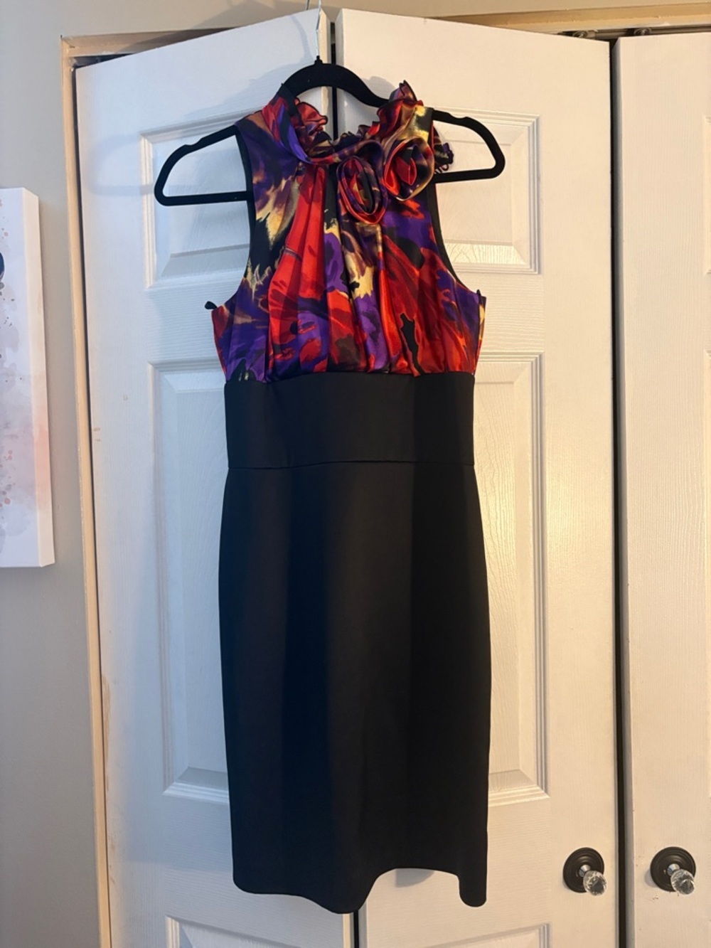 Vince One-Shoulder Floral Bodice Black Sheath Dress